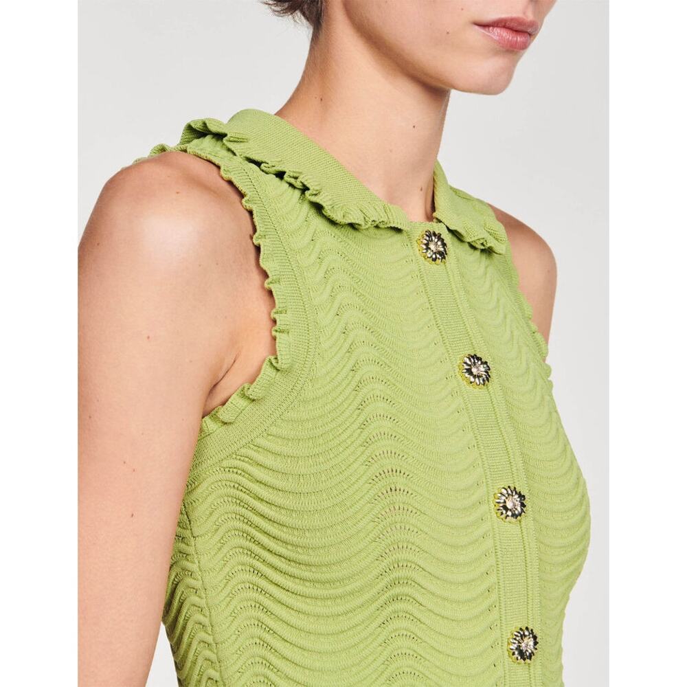 Sandro Lime Green Sleeveless Knit Top with Decorative Buttons